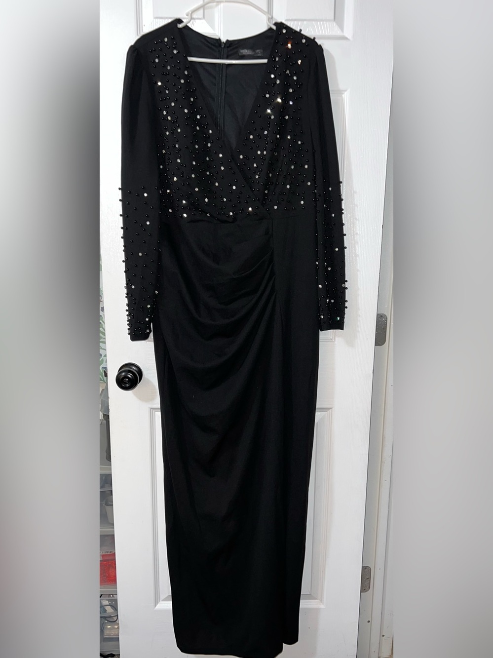 SHEIN Black Long Sleeve Beaded V-Neck Gown